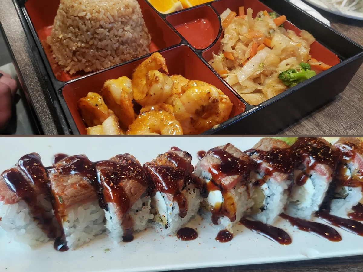 Colorful restaurant dishes with chopsticks nearby.