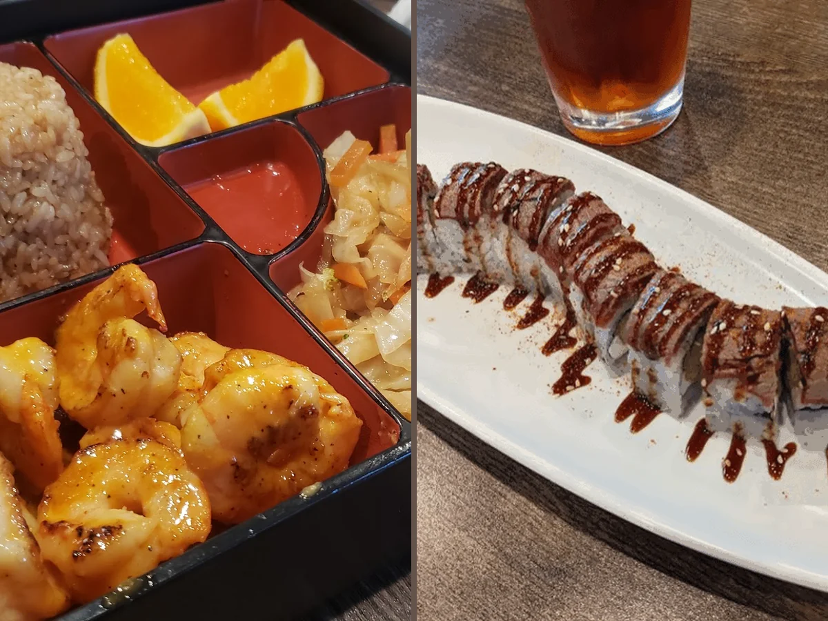 Colorful restaurant dishes with chopsticks nearby.