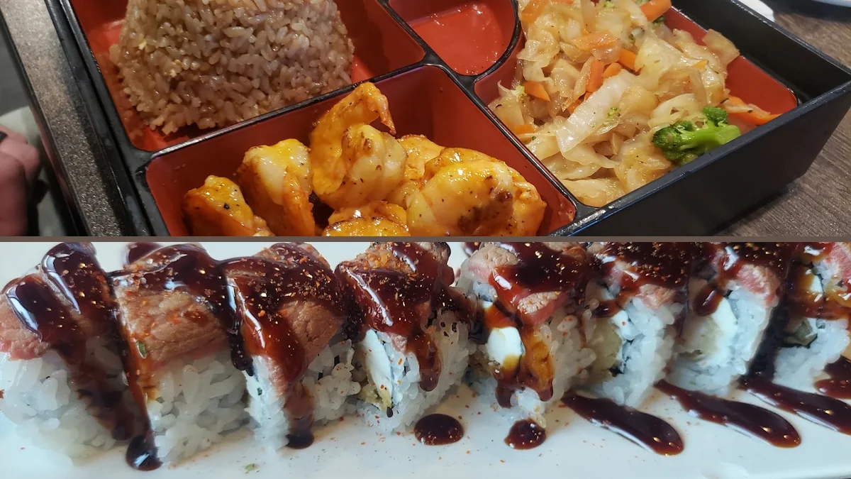 Plated sushi rolls on a clean table.